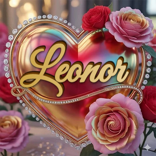 Un marco dorado con forma de corazón tachonado de diamantes, rodeado de rosas naturales en colores que van del rosa al rojo, dando un diseño lujoso y brillante. El nombre Leonor está escrito en el diseño. Un marco dorado con forma de corazón tachonado de diamantes, rodeado de rosas naturales en colores que van del rosa al rojo, dando un diseño lujoso y brillante. El nombre Leonor está escrito en el diseño.