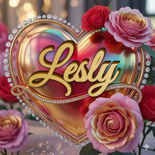 Un marco dorado con forma de corazón tachonado de diamantes, rodeado de rosas naturales en colores que van del rosa al rojo, dando un diseño lujoso y brillante. El nombre Lesly está escrito en el diseño.