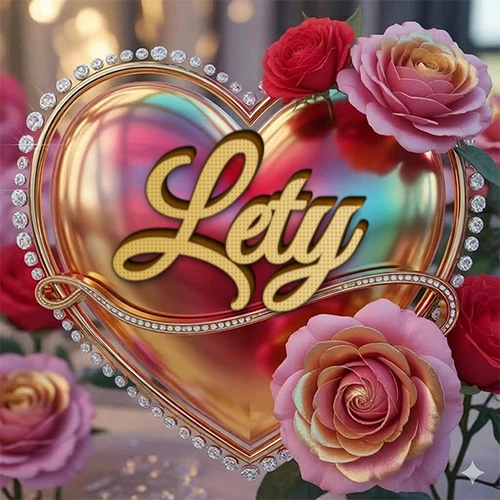 Un marco dorado con forma de corazón tachonado de diamantes, rodeado de rosas naturales en colores que van del rosa al rojo, dando un diseño lujoso y brillante. El nombre Lety está escrito en el diseño.