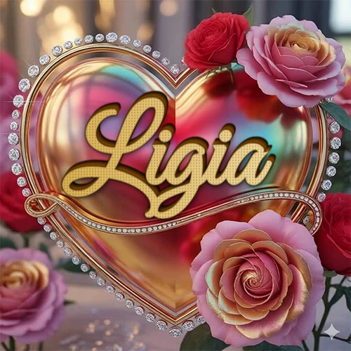 Un marco dorado con forma de corazón tachonado de diamantes, rodeado de rosas naturales en colores que van del rosa al rojo, dando un diseño lujoso y brillante. El nombre Ligia está escrito en el diseño.