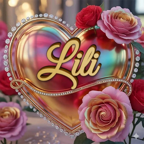 Un marco dorado con forma de corazón tachonado de diamantes, rodeado de rosas naturales en colores que van del rosa al rojo, dando un diseño lujoso y brillante. El nombre Lili está escrito en el diseño.