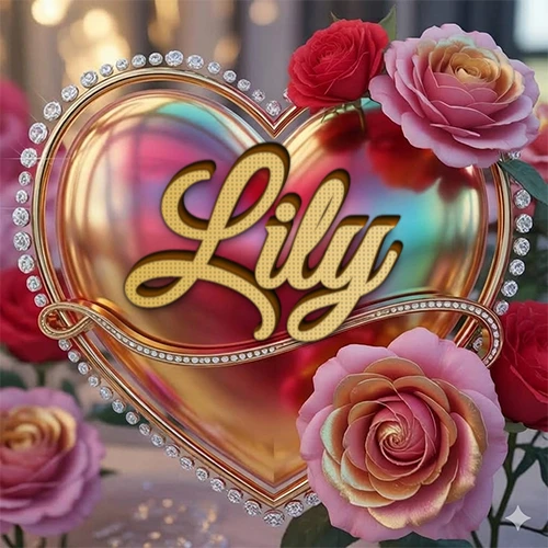 Un marco dorado con forma de corazón tachonado de diamantes, rodeado de rosas naturales en colores que van del rosa al rojo, dando un diseño lujoso y brillante. El nombre Lily está escrito en el diseño.