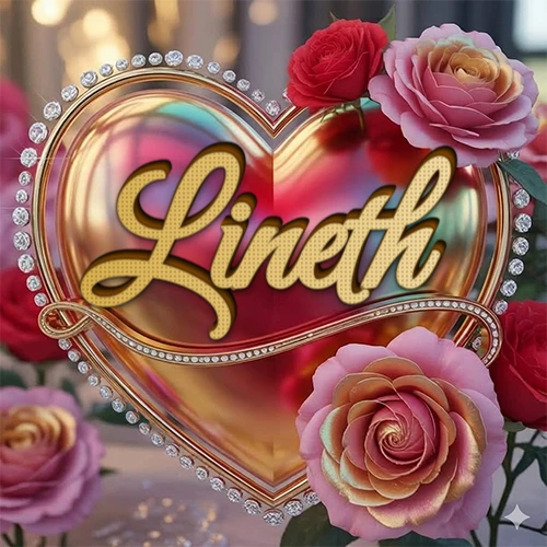 Un marco dorado con forma de corazón tachonado de diamantes, rodeado de rosas naturales en colores que van del rosa al rojo, dando un diseño lujoso y brillante. El nombre Lineth está escrito en el diseño.