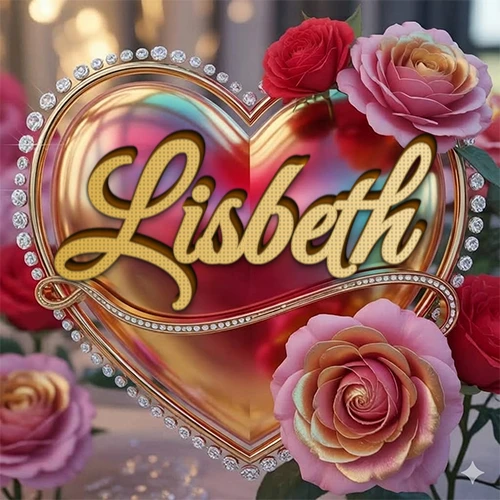 Un marco dorado con forma de corazón tachonado de diamantes, rodeado de rosas naturales en colores que van del rosa al rojo, dando un diseño lujoso y brillante. El nombre Lisbeth está escrito en el diseño.