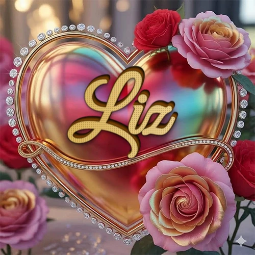 Un marco dorado con forma de corazón tachonado de diamantes, rodeado de rosas naturales en colores que van del rosa al rojo, dando un diseño lujoso y brillante. El nombre Liz está escrito en el diseño.