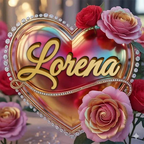 Un marco dorado con forma de corazón tachonado de diamantes, rodeado de rosas naturales en colores que van del rosa al rojo, dando un diseño lujoso y brillante. El nombre Lorena está escrito en el diseño.