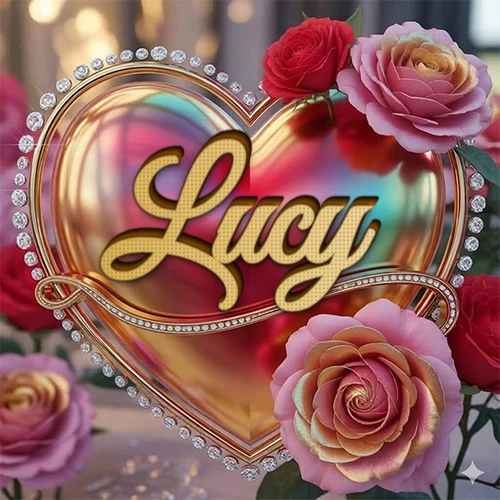 Un marco dorado con forma de corazón tachonado de diamantes, rodeado de rosas naturales en colores que van del rosa al rojo, dando un diseño lujoso y brillante. El nombre Lucy está escrito en el diseño.
