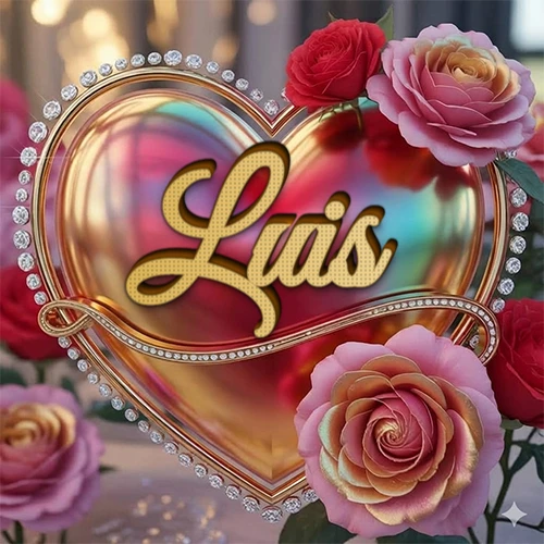 Un marco dorado con forma de corazón tachonado de diamantes, rodeado de rosas naturales en colores que van del rosa al rojo, dando un diseño lujoso y brillante. El nombre Luis está escrito en el diseño. Un marco dorado con forma de corazón tachonado de diamantes, rodeado de rosas naturales en colores que van del rosa al rojo, dando un diseño lujoso y brillante. El nombre Luis está escrito en el diseño.