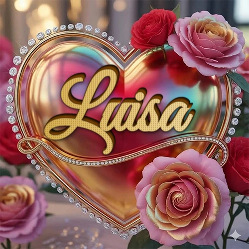 Un marco dorado con forma de corazón tachonado de diamantes, rodeado de rosas naturales en colores que van del rosa al rojo, dando un diseño lujoso y brillante. El nombre Luisa está escrito en el diseño.