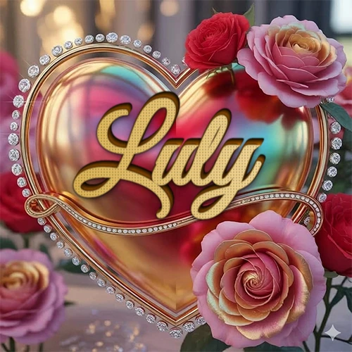 Un marco dorado con forma de corazón tachonado de diamantes, rodeado de rosas naturales en colores que van del rosa al rojo, dando un diseño lujoso y brillante. El nombre Luly está escrito en el diseño.