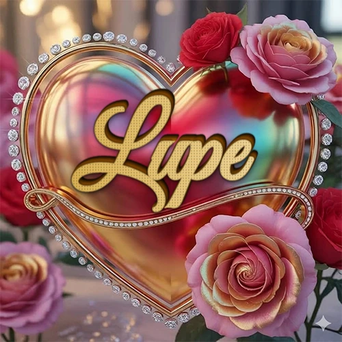 Un marco dorado con forma de corazón tachonado de diamantes, rodeado de rosas naturales en colores que van del rosa al rojo, dando un diseño lujoso y brillante. El nombre Lupe está escrito en el diseño.