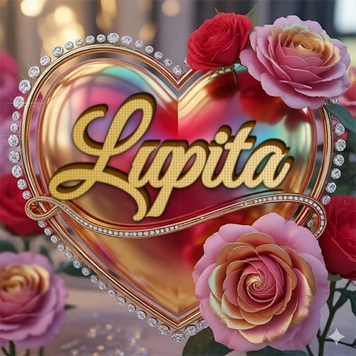 Un marco dorado con forma de corazón tachonado de diamantes, rodeado de rosas naturales en colores que van del rosa al rojo, dando un diseño lujoso y brillante. El nombre Lupita está escrito en el diseño.