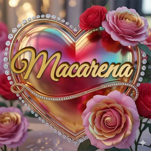 Un marco dorado con forma de corazón tachonado de diamantes, rodeado de rosas naturales en colores que van del rosa al rojo, dando un diseño lujoso y brillante. El nombre Macarena está escrito en el diseño.