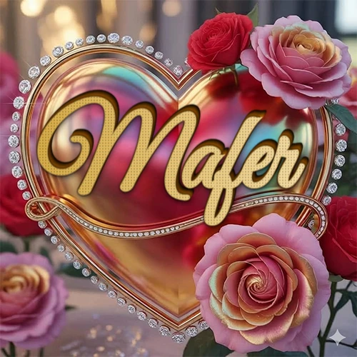 Un marco dorado con forma de corazón tachonado de diamantes, rodeado de rosas naturales en colores que van del rosa al rojo, dando un diseño lujoso y brillante. El nombre Mafer está escrito en el diseño.