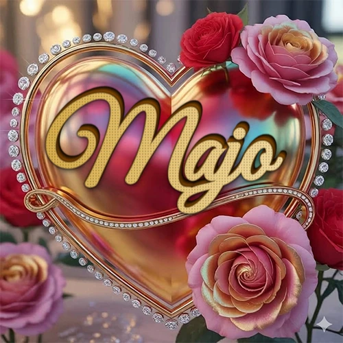 Un marco dorado con forma de corazón tachonado de diamantes, rodeado de rosas naturales en colores que van del rosa al rojo, dando un diseño lujoso y brillante. El nombre Majo está escrito en el diseño.