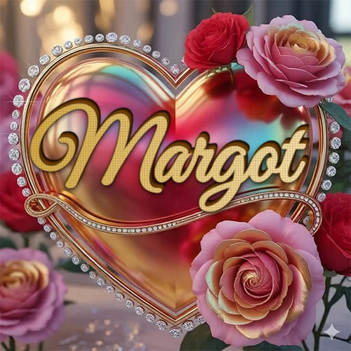 Un marco dorado con forma de corazón tachonado de diamantes, rodeado de rosas naturales en colores que van del rosa al rojo, dando un diseño lujoso y brillante. El nombre Margot está escrito en el diseño.