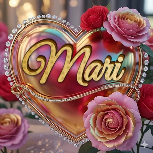 Un marco dorado con forma de corazón tachonado de diamantes, rodeado de rosas naturales en colores que van del rosa al rojo, dando un diseño lujoso y brillante. El nombre Mari está escrito en el diseño. Un marco dorado con forma de corazón tachonado de diamantes, rodeado de rosas naturales en colores que van del rosa al rojo, dando un diseño lujoso y brillante. El nombre Mari está escrito en el diseño.