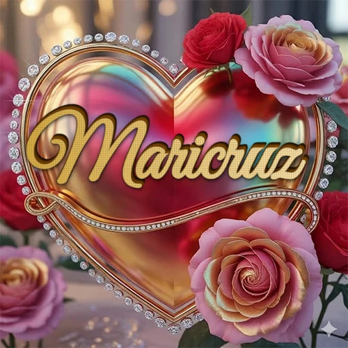 Un marco dorado con forma de corazón tachonado de diamantes, rodeado de rosas naturales en colores que van del rosa al rojo, dando un diseño lujoso y brillante. El nombre Maricruz está escrito en el diseño.