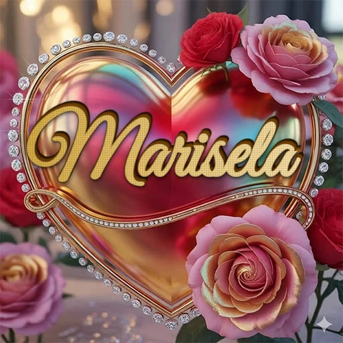Un marco dorado con forma de corazón tachonado de diamantes, rodeado de rosas naturales en colores que van del rosa al rojo, dando un diseño lujoso y brillante. El nombre Marisela está escrito en el diseño.