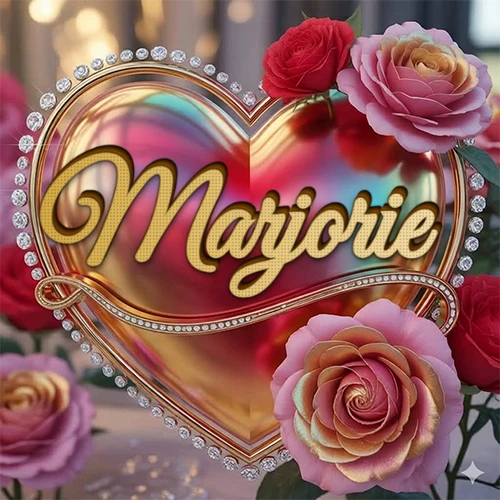 Un marco dorado con forma de corazón tachonado de diamantes, rodeado de rosas naturales en colores que van del rosa al rojo, dando un diseño lujoso y brillante. El nombre Marjorie está escrito en el diseño.