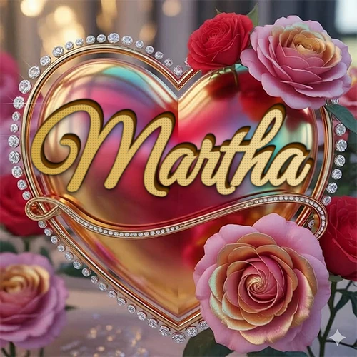 Un marco dorado con forma de corazón tachonado de diamantes, rodeado de rosas naturales en colores que van del rosa al rojo, dando un diseño lujoso y brillante. El nombre Martha está escrito en el diseño.