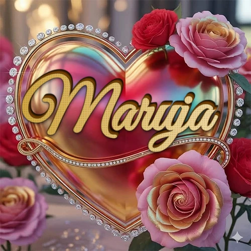 Un marco dorado con forma de corazón tachonado de diamantes, rodeado de rosas naturales en colores que van del rosa al rojo, dando un diseño lujoso y brillante. El nombre Maruja está escrito en el diseño.