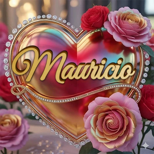 Un marco dorado con forma de corazón tachonado de diamantes, rodeado de rosas naturales en colores que van del rosa al rojo, dando un diseño lujoso y brillante. El nombre Mauricio está escrito en el diseño.