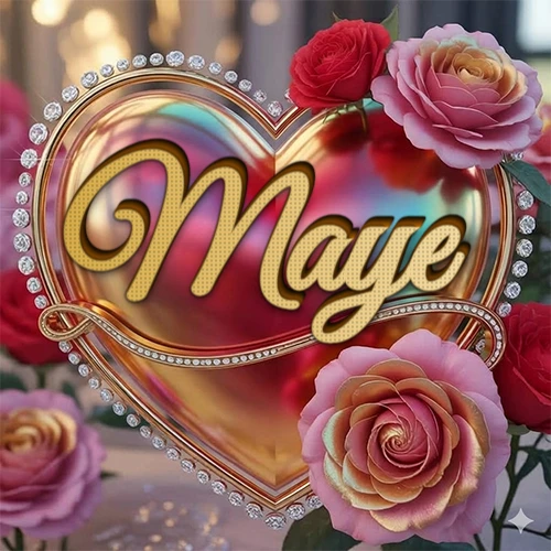 Un marco dorado con forma de corazón tachonado de diamantes, rodeado de rosas naturales en colores que van del rosa al rojo, dando un diseño lujoso y brillante. El nombre Maye está escrito en el diseño.