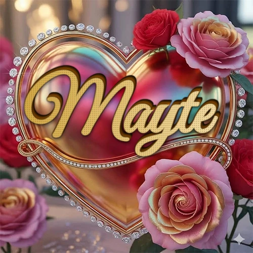 Un marco dorado con forma de corazón tachonado de diamantes, rodeado de rosas naturales en colores que van del rosa al rojo, dando un diseño lujoso y brillante. El nombre Mayte está escrito en el diseño.