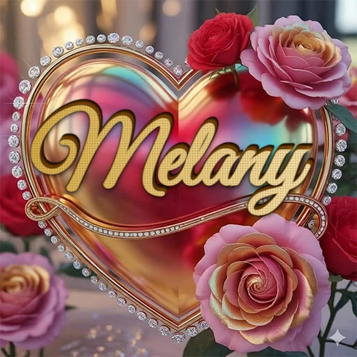 Un marco dorado con forma de corazón tachonado de diamantes, rodeado de rosas naturales en colores que van del rosa al rojo, dando un diseño lujoso y brillante. El nombre Melany está escrito en el diseño.