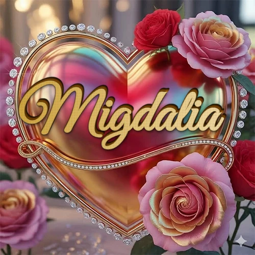 Un marco dorado con forma de corazón tachonado de diamantes, rodeado de rosas naturales en colores que van del rosa al rojo, dando un diseño lujoso y brillante. El nombre Migdalia está escrito en el diseño.