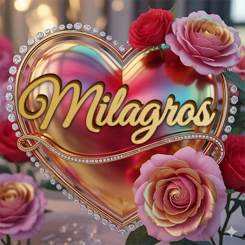 Un marco dorado con forma de corazón tachonado de diamantes, rodeado de rosas naturales en colores que van del rosa al rojo, dando un diseño lujoso y brillante. El nombre Milagros está escrito en el diseño.