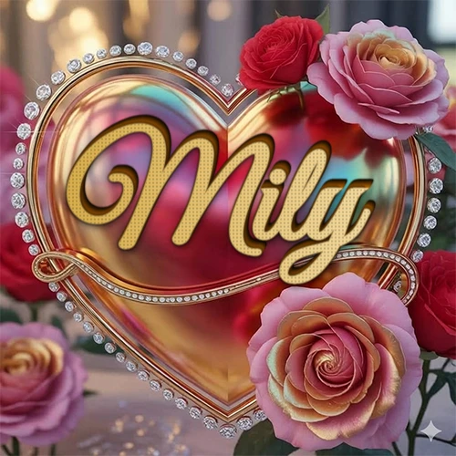 Un marco dorado con forma de corazón tachonado de diamantes, rodeado de rosas naturales en colores que van del rosa al rojo, dando un diseño lujoso y brillante. El nombre Mily está escrito en el diseño. Un marco dorado con forma de corazón tachonado de diamantes, rodeado de rosas naturales en colores que van del rosa al rojo, dando un diseño lujoso y brillante. El nombre Mily está escrito en el diseño.
