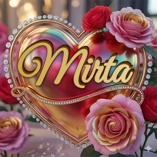 Un marco dorado con forma de corazón tachonado de diamantes, rodeado de rosas naturales en colores que van del rosa al rojo, dando un diseño lujoso y brillante. El nombre Mirta está escrito en el diseño.