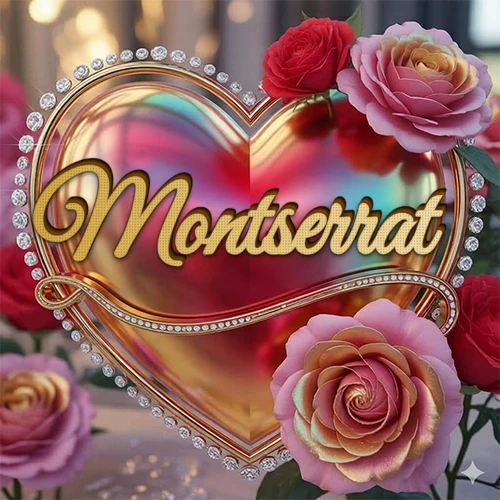 Un marco dorado con forma de corazón tachonado de diamantes, rodeado de rosas naturales en colores que van del rosa al rojo, dando un diseño lujoso y brillante. El nombre Montserrat está escrito en el diseño.