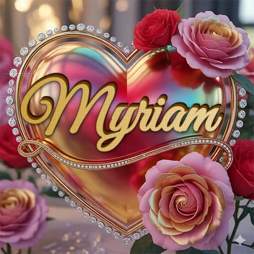 Un marco dorado con forma de corazón tachonado de diamantes, rodeado de rosas naturales en colores que van del rosa al rojo, dando un diseño lujoso y brillante. El nombre Myriam está escrito en el diseño.