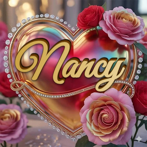Un marco dorado con forma de corazón tachonado de diamantes, rodeado de rosas naturales en colores que van del rosa al rojo, dando un diseño lujoso y brillante. El nombre Nancy está escrito en el diseño. Un marco dorado con forma de corazón tachonado de diamantes, rodeado de rosas naturales en colores que van del rosa al rojo, dando un diseño lujoso y brillante. El nombre Nancy está escrito en el diseño.