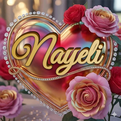 Un marco dorado con forma de corazón tachonado de diamantes, rodeado de rosas naturales en colores que van del rosa al rojo, dando un diseño lujoso y brillante. El nombre Nayeli está escrito en el diseño.