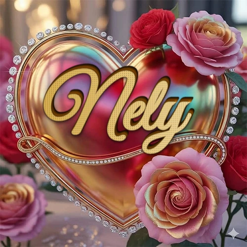 Un marco dorado con forma de corazón tachonado de diamantes, rodeado de rosas naturales en colores que van del rosa al rojo, dando un diseño lujoso y brillante. El nombre Nely está escrito en el diseño.