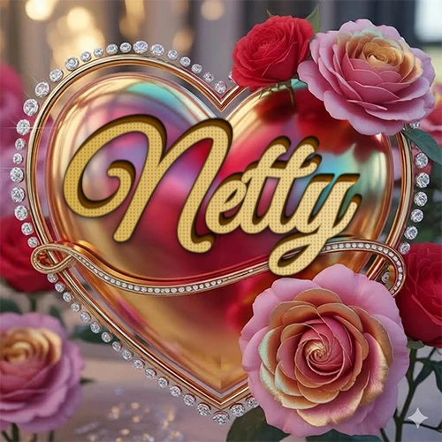 Un marco dorado con forma de corazón tachonado de diamantes, rodeado de rosas naturales en colores que van del rosa al rojo, dando un diseño lujoso y brillante. El nombre Netty está escrito en el diseño. Un marco dorado con forma de corazón tachonado de diamantes, rodeado de rosas naturales en colores que van del rosa al rojo, dando un diseño lujoso y brillante. El nombre Netty está escrito en el diseño.
