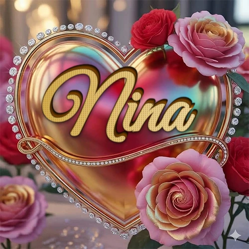 Un marco dorado con forma de corazón tachonado de diamantes, rodeado de rosas naturales en colores que van del rosa al rojo, dando un diseño lujoso y brillante. El nombre Nina está escrito en el diseño.