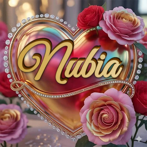Un marco dorado con forma de corazón tachonado de diamantes, rodeado de rosas naturales en colores que van del rosa al rojo, dando un diseño lujoso y brillante. El nombre Nubia está escrito en el diseño.