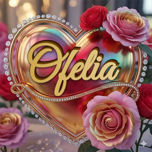 Un marco dorado con forma de corazón tachonado de diamantes, rodeado de rosas naturales en colores que van del rosa al rojo, dando un diseño lujoso y brillante. El nombre Ofelia está escrito en el diseño.