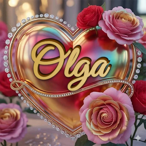 Un marco dorado con forma de corazón tachonado de diamantes, rodeado de rosas naturales en colores que van del rosa al rojo, dando un diseño lujoso y brillante. El nombre Olga está escrito en el diseño.
