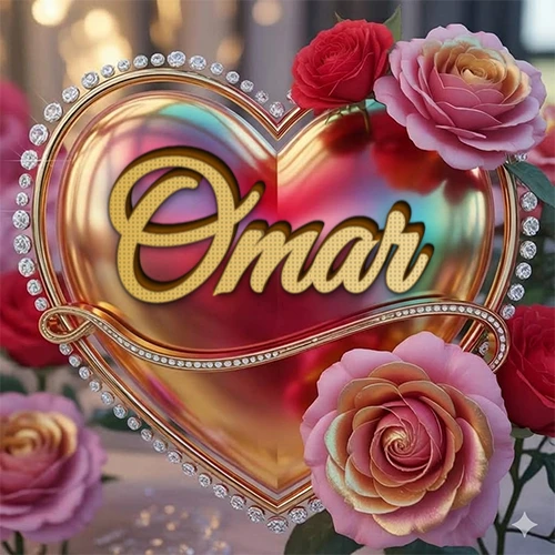 Un marco dorado con forma de corazón tachonado de diamantes, rodeado de rosas naturales en colores que van del rosa al rojo, dando un diseño lujoso y brillante. El nombre Omar está escrito en el diseño. Un marco dorado con forma de corazón tachonado de diamantes, rodeado de rosas naturales en colores que van del rosa al rojo, dando un diseño lujoso y brillante. El nombre Omar está escrito en el diseño.
