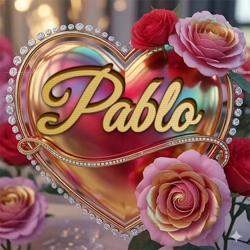 Un marco dorado con forma de corazón tachonado de diamantes, rodeado de rosas naturales en colores que van del rosa al rojo, dando un diseño lujoso y brillante. El nombre Pablo está escrito en el diseño. Un marco dorado con forma de corazón tachonado de diamantes, rodeado de rosas naturales en colores que van del rosa al rojo, dando un diseño lujoso y brillante. El nombre Pablo está escrito en el diseño.