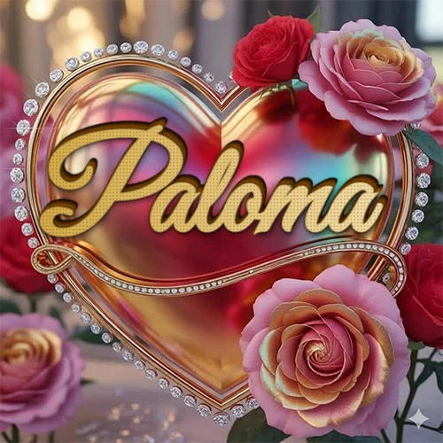 Un marco dorado con forma de corazón tachonado de diamantes, rodeado de rosas naturales en colores que van del rosa al rojo, dando un diseño lujoso y brillante. El nombre Paloma está escrito en el diseño.