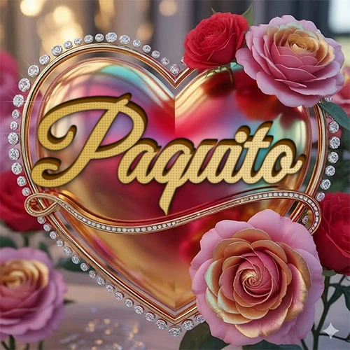 Un marco dorado con forma de corazón tachonado de diamantes, rodeado de rosas naturales en colores que van del rosa al rojo, dando un diseño lujoso y brillante. El nombre Paquito está escrito en el diseño.