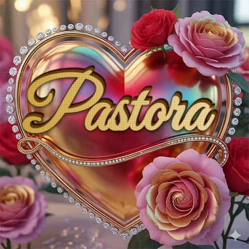 Un marco dorado con forma de corazón tachonado de diamantes, rodeado de rosas naturales en colores que van del rosa al rojo, dando un diseño lujoso y brillante. El nombre Pastora está escrito en el diseño.