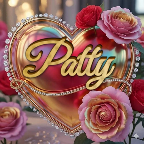 Un marco dorado con forma de corazón tachonado de diamantes, rodeado de rosas naturales en colores que van del rosa al rojo, dando un diseño lujoso y brillante. El nombre Patty está escrito en el diseño.